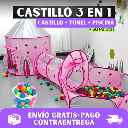 🏰CASTILLO 3 EN 1 CON TÚNEL Y PISCINA DE PELOTAS